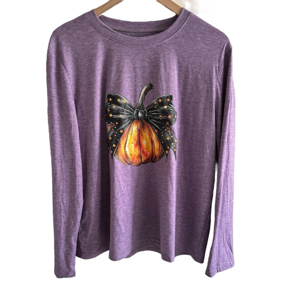 Coquette Bow Pumpkin T-Shirt Size XL Long Sleeve Fall Pumpkin Patch Halloween